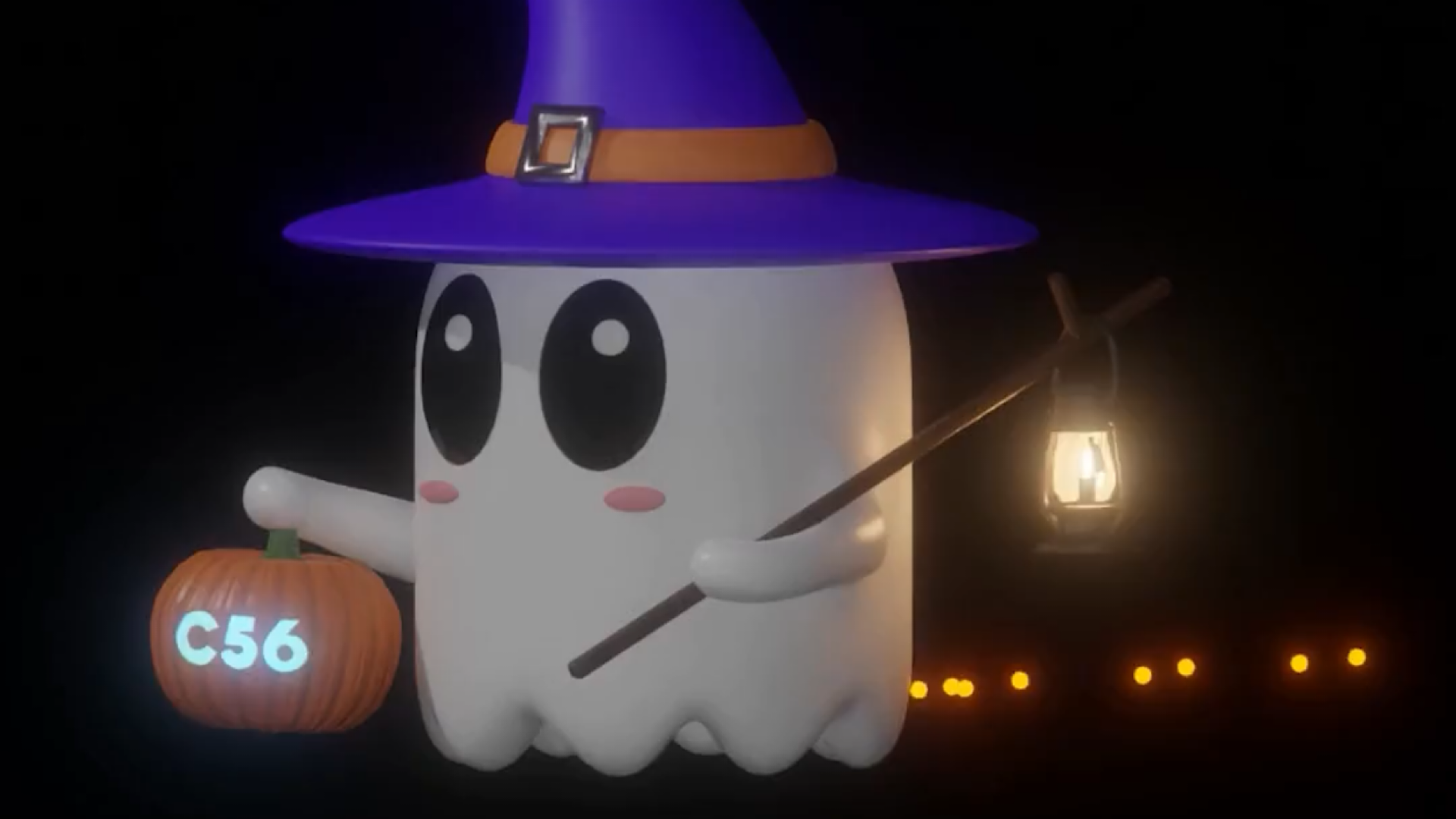 Funny Halloween ghost carrying pumpkin