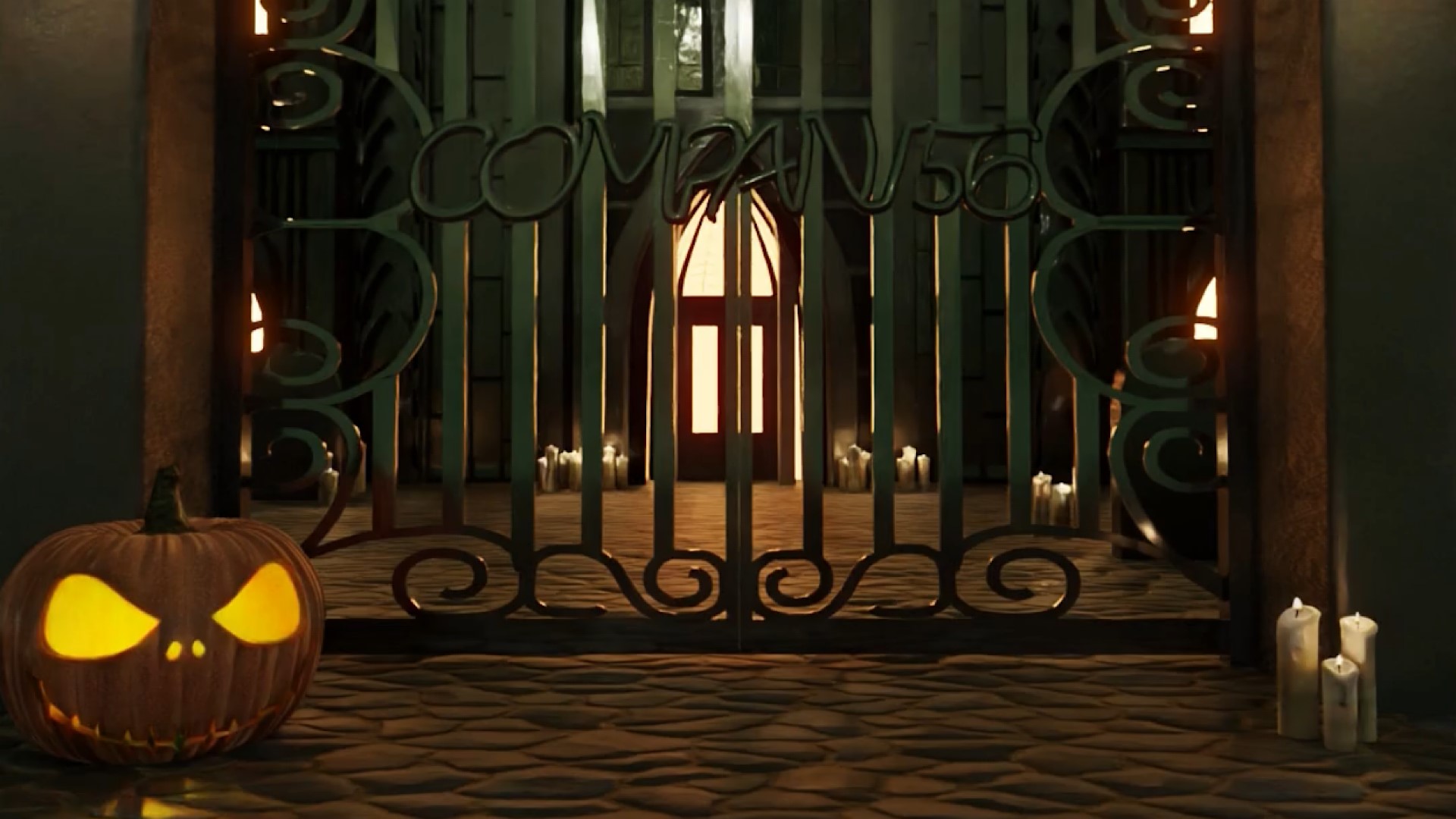 Halloween pumpkin in front of cast iron gate with spooky lighting.