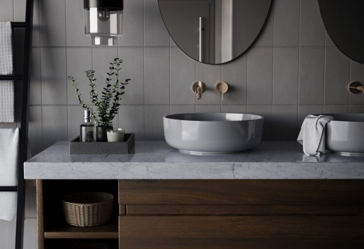 Modern bathroom with dark wood press with marble countertop