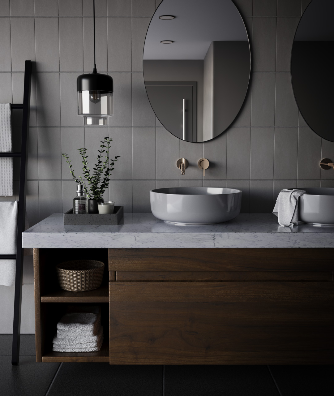 Modern bathroom with dark wood press with marble countertop