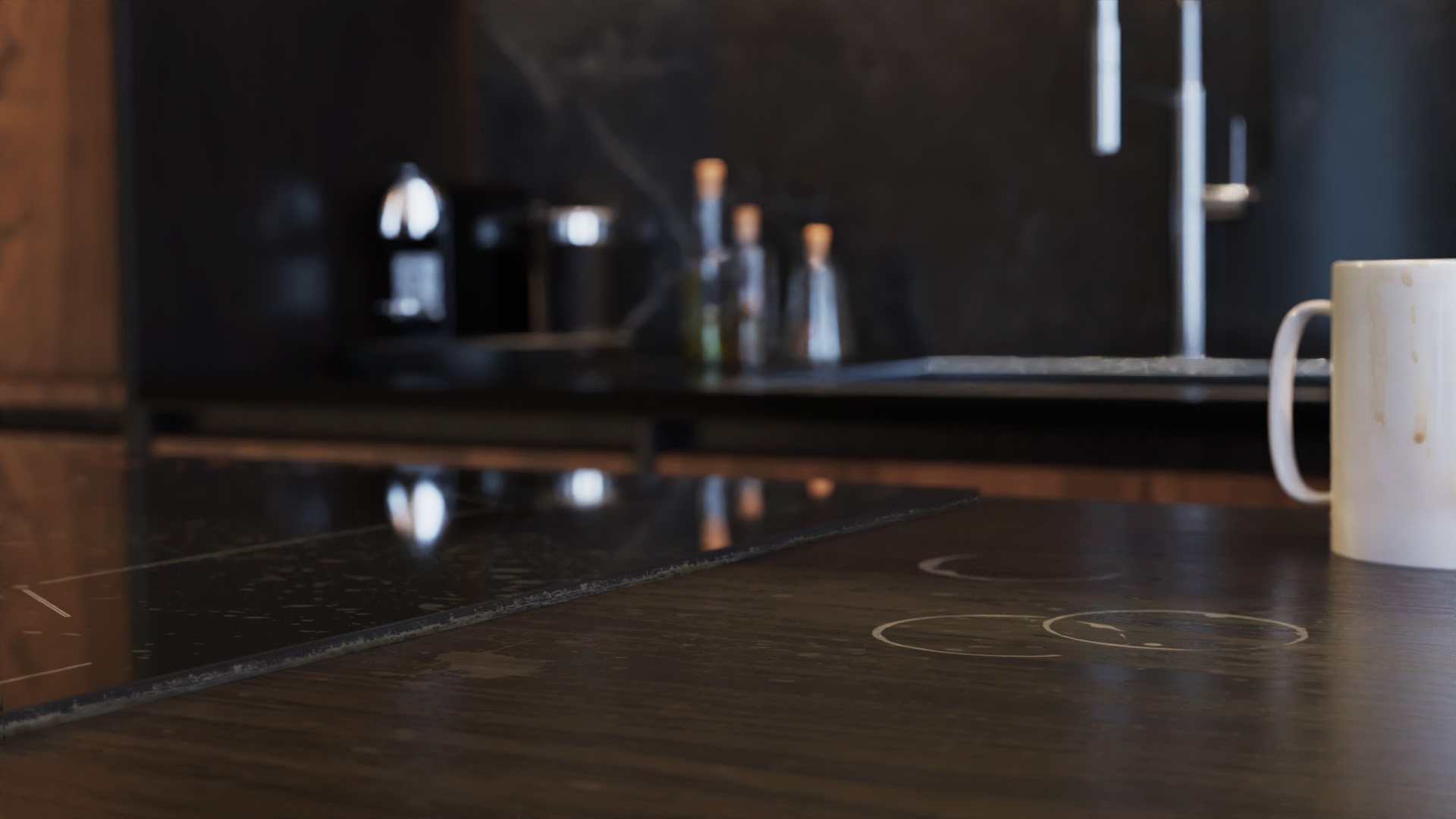 Kitchen counter top with visible ring marks after mugs.