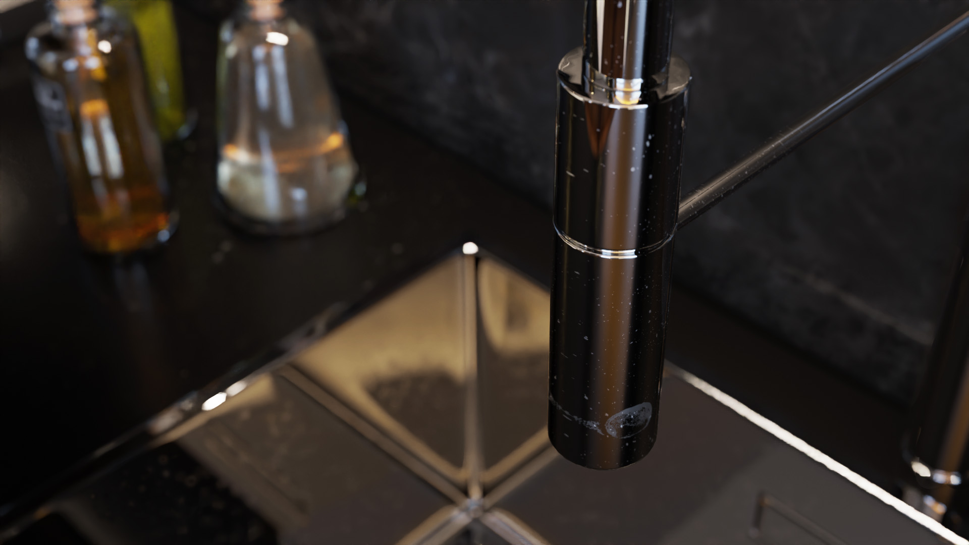 3D visualization of kitchen sink with fingerprints on tap.
