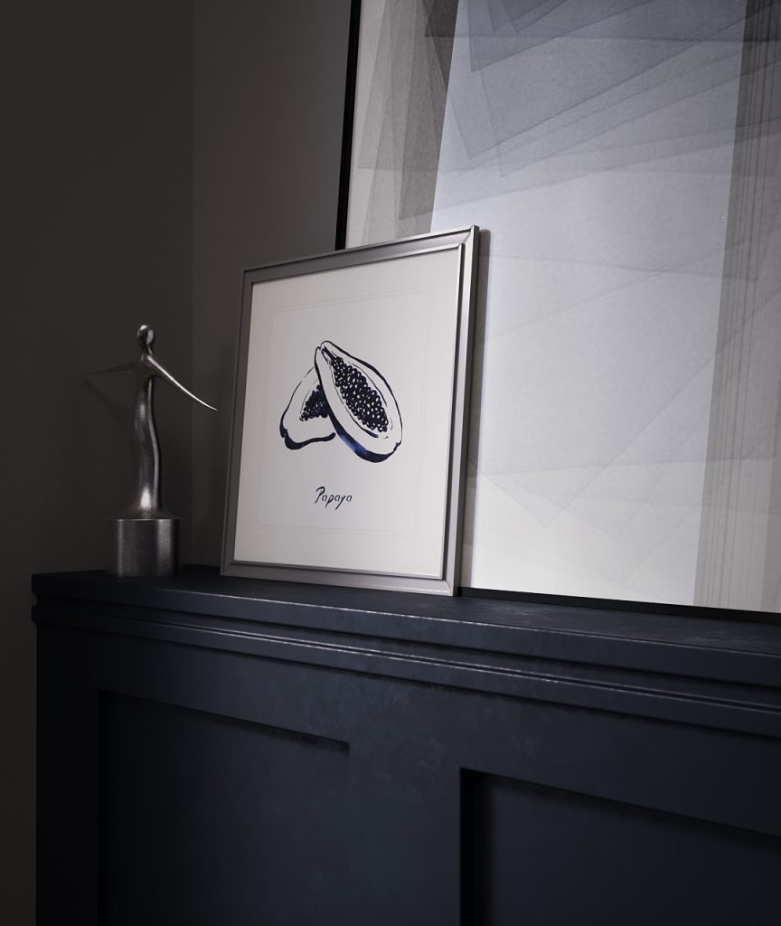 Dining room detail with a picture of a papaya. 3D model of dining room detail with a picture on a sideboard. By Kerstin Nilsson, 3D artist