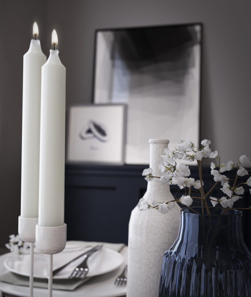 Candle stick on dining table. 3D visualization of candle sticks on dining table. Kerstin Nilsson, 3D artist