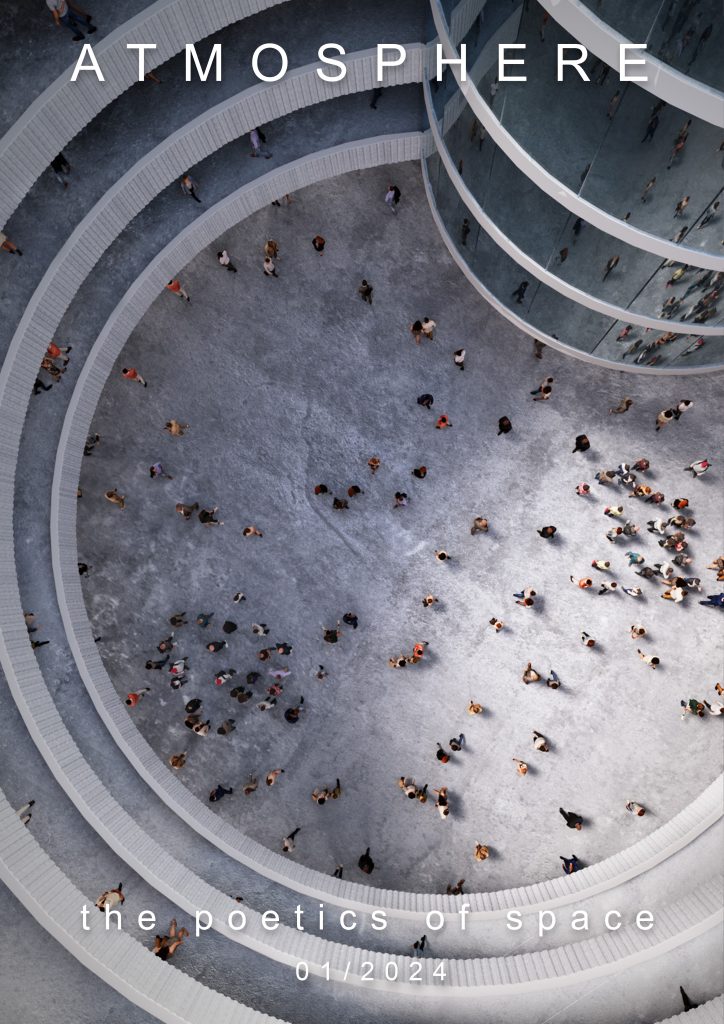 Atmosphere poster. 3D architecture model looking down on sqaure filled with people. Atmosphere The Poetics of Space. A 3D architecture visualization by Kerstin Nilsson