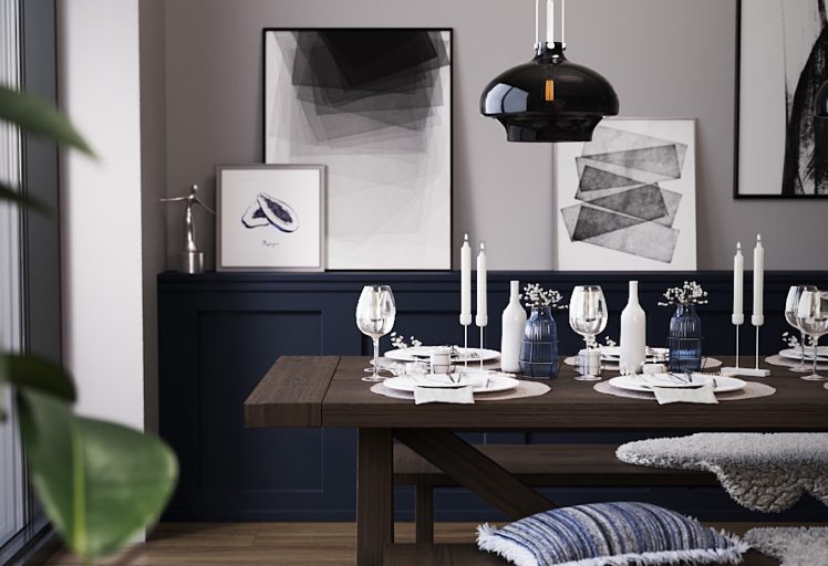 View of dining room with the table set-